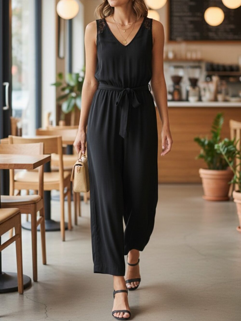 AllSaints Cate Black Wide-Leg Jumpsuit Lace Straps V-Neck Self-Tie Culotte